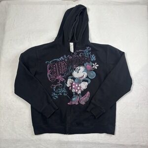 Y2K Disney Minnie Mouse Floral Black Long Sleeve Full Zip Hoodie Women's M